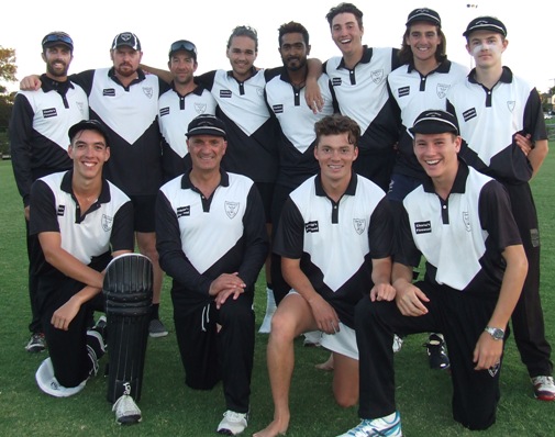 Our T20 Grand Final team. L-R:  Back - Michael Ozbun, Nate Wolland, Ben Thomas, Luke Brock, Chanaka Silva, Stephen Esmore, Anthony Cafari and Charles Bibby. Front - Nigel Cowan, Lou Raffaele, Daniel Comande and Jack Newman.