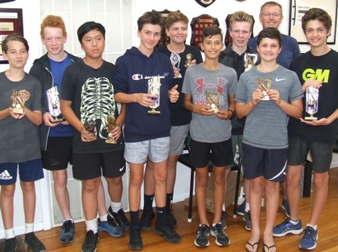 Our Under 14s with their trophies: L-R Jack Shears, Thomas Nightingale, Nam Nguyen, Jesse Maljanek-Smith, Harry Pickering, Joel Sheridan, Riley Walsh, Noah Nimorakiotakis, coach Peter Pickering and Dejan Gilevski.