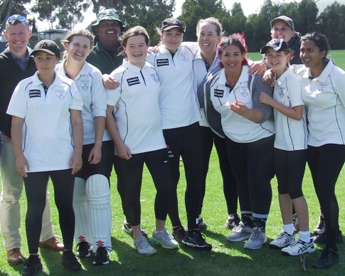 Immediately after the final ball: L-R Scorer/team manager David Baker, Yasmin King, Sarah Ronayne, coach Channa DeSilva, Audrey Brown, Tara Newman, Sarah Gooden, Tanya Intagliata, Katherine Baker, Sandra Verschoor and Jane Raman.