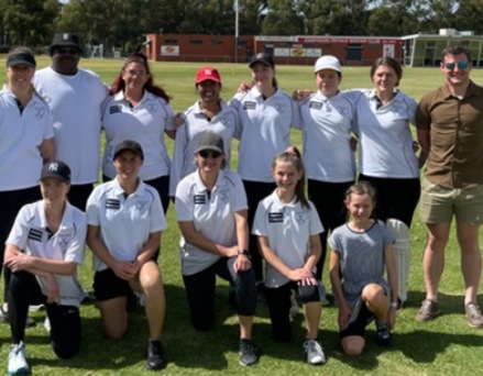 Our winning semi final team. L-R: Back - Sarah Gooden, coach Channa DeSilva, Tanya Intagliata, Jane Raman, Tara Newman, Audrey Brown, Sarah Ronayne and scorer/team manager David Baker. Front - Kelsie Armstrong, Yasmin King, Sandra Verschoor and Katherine Baker, with her sister Victoria.