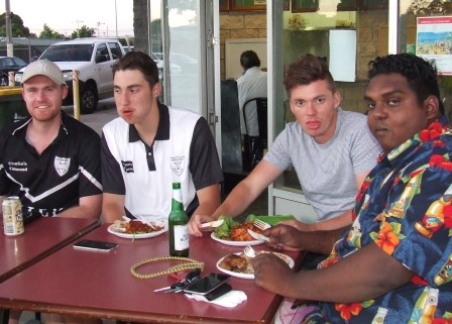 There's nothing like a good meal to replenish the enthusiasm: L-R Sean Duckworth, Stephen Esmore, Daniel Comande and Channa DeSilva.