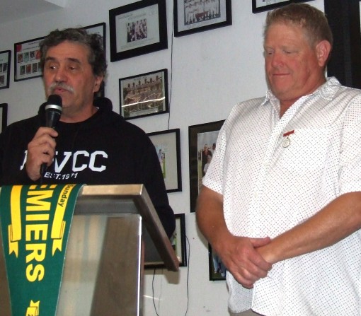 New Life Member Tony Gleeson reflects on his cricket journey at Moonee Valley, flanked by mate Darren Nagle.