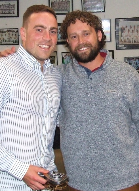 Hayden Rayner (left) received his batting and fielding awards from captain/coach Brayden McGregor.