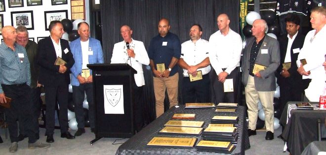 Members of our greatest-ever team: L-R Greg Meyers, Terry Nagle, Bill Nagel, Ian Denny, captain Greg Peters, Amit Chaudhary, Glen Courts, Mick Harvey, Warwick Nolan, Arosha Perera and Darren Nagle.