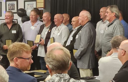 The crowd looks on: Members of our Team of the 80s (from left) Terry and Darren Nagle, Gary Irons, Greg Peters, Gary Dudderidge, Warwick Nolan, Mick Harvey and Ian Sutherland.