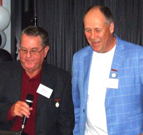 Our club co-founder Ray Storey (left) reflects with the microphone after being announced as Moonee Valley Cricket Club's first official Legend by Ian Denny.