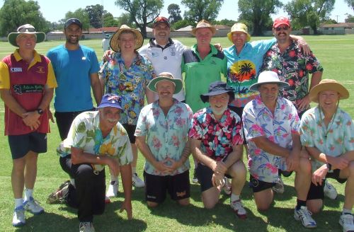 The team which celebrated Allan Cumming's 250th game with a win - playing at the Cobram showgrounds. L-R: Back - Leigh Adkins, Vaib Deshpande, Daniel Phillips, Amit Chaudhary, Sean O'Kane, Dean Lawson and scorer Brendan Rhodes. Front - Charlie Walker, Peter O'Kane, Allan Cumming, Tony Gleeson and Craig Pridham.