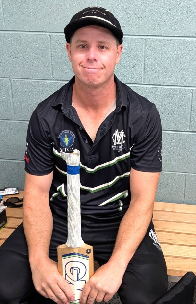 Nathan Waites in the East Keilor rooms after his 110 not out.