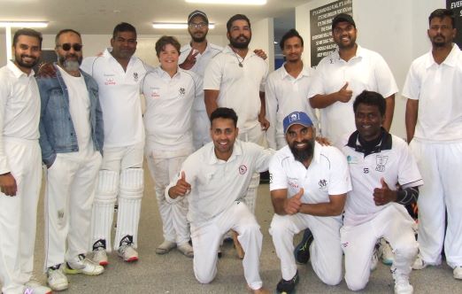 Our happy Fourths team in the rooms after their win: L-R. Back - Harish Sekar, Adeel Babur, Kevin Rodriguez, David Lubansky, Muhammad Soofi, Jasbir Rana, Naga Chaitanya, Rohit Srinivas and Bharath Lalam. Front - Rahis Baig, Abdul Fawnoon and skipper Prem Janarthanan.