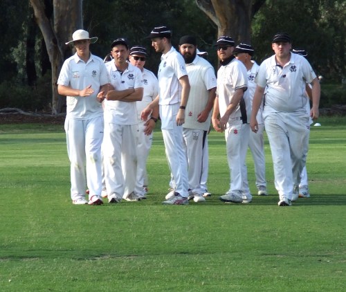 Hey! It's over! The team gathers on the pitch after the last Reds wicket falls. L-R David Lubansky, Jason Ripa, Mark Gauci, Jackson Partridge, Manu Singh, Dean Lawson, Dean Jukic and Lachlan Smith.