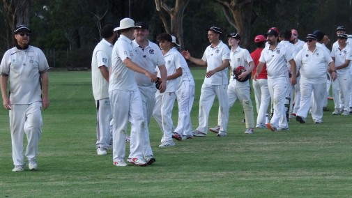 Shaking hands with the opposition players: Moonee Valley comes off the field to the congratulations. L-R Dean Lawson, Manu Singh, David Lubansky, Lachlan Smith, Joel Italia, Jason Ripa, Luke Sevenson, Ben Baldacchino, Mark Gauci, Dean Jukic and Jackson Partridge.