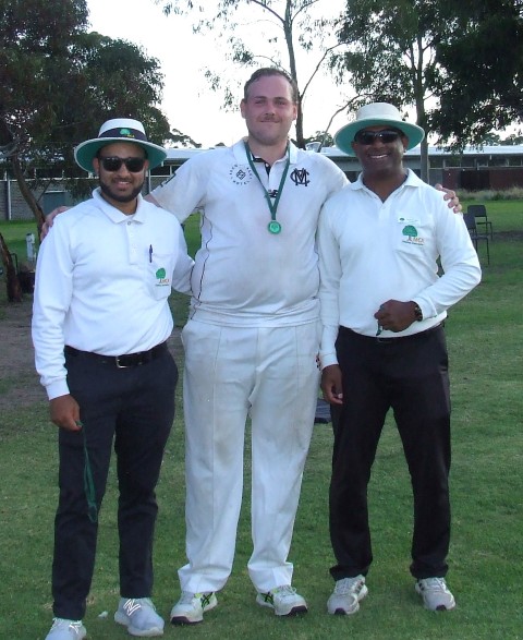 Lachlan Smith was presented with his Player of the Match medallion by umpires Santosh Pulakanti and Karthik Sidhartha.