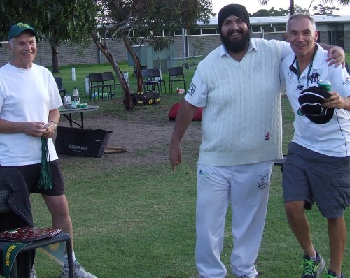 Who's happy? Mercantile Secretary Rhidian Thomas finds some humour in the excitement of Dean Jukic (right) and skipper Manu Singh.