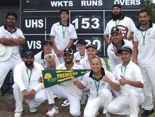 The Premiership winning Fourths with their flag and shield. L-R. Back - Maks Rahman, Jim Polonidis, Manu Singh and Vinnie Singh. Front - Sunny Singh, Mitch Britton, Jay Patel, Cullan Morrissy, Sam Carbone, Chand Shrestha, Sagar Bhatia and Prashant Hirani.