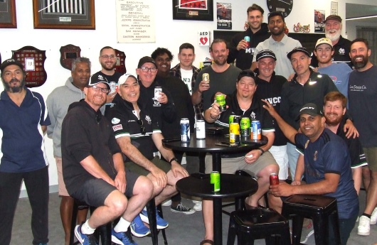 Celebrating well into the night: Mark Gauci (centre seated) with teammates: From left: Danny Terzini, Sai Vivekananthan, Dean Lawson, Nick Brelis, John Talone, Tony Nilsson, Channa DeSilva, Jack Newman, Matt Thomas, Luke Brock, Domenic Gibaldi, Suraj Weerasinghe, Jim Polonidis, Ruwan Jayaweera (front), Tain Piercy, Allan Cumming, Bede Gannon (front) and Steve Hazelwood.