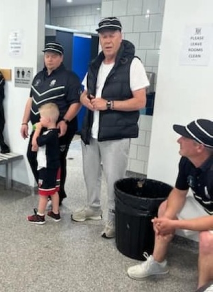 Life member and all-time great Ian Denny stands with Mark Gauci as he speaks of the man and his career - watched by Seconds captain Domenic Gibaldi.