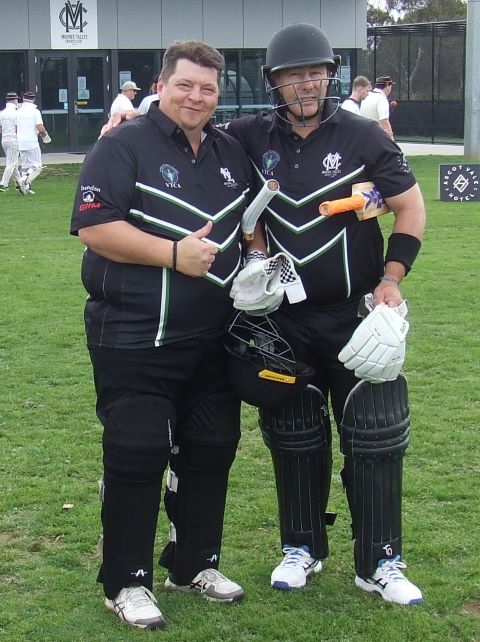 Going in to bat with great mate and Premiership teammate: Mark Gauci (left) and Geoff McKeown.
