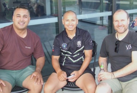 The pavilion after the game: L-R Sagar Bhatia, Chand Shrestha and Tony Gilevski.