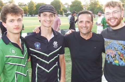 The season's now over: L-R our two First Eleven teens Dejan Gilevski and Luca Nimorakiotakis, with Bill Nimorakiotakis and Joe Adams.