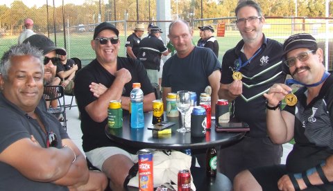 Celebrating outside: L-R Sai Vivekananthan, Paddy Deery, Paul Simon, Paul Sevenson and Brendan Rhodes.