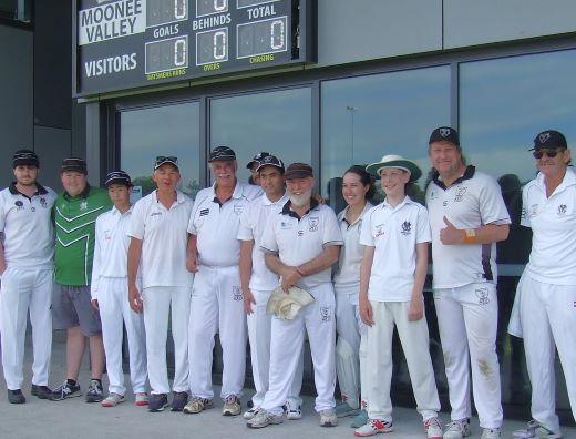 The team for Charlie Walker's 150th game: L-R Tom Morrissy, Andreas Skiotis, Oscar McKeown, Dean Jukic, Charlie Walker, Dean Lawson (obscured), Minh Vo, Allan Cumming, Sarah Fenn, Jeremy Sevenson, Shaun Rayment and Pat Taylor.