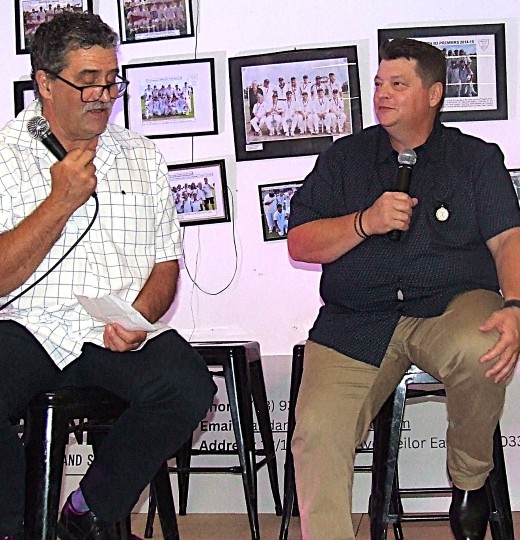 Two rascals - Tony Gleeson (left) makes some telling remarks on the career of Mark Gauci.