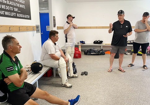 Hearing it as it is from those who should know: Dean Jukic (left) with Mark Gauci and Dean Lawson hear from legends Ian Denny and Darren Nagle.