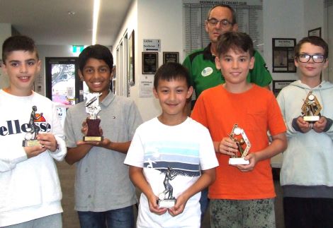 Our Under 12 champs: L-R Lukas Karagiannis, Xavier White, Logan Shrestha, coach Pat Taylor, Xavier Manson and Blake Williams.