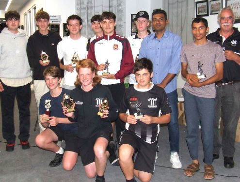 Trophies for our Under 16s: L-R: Back - Assistant Coach Tom Morrissy, Miles Needham, Silas Bell, Cullan Morrissy, Harper Eason, Jordy Walsh, coach Wasim Abbas, Hayagreev Bashyam and scorer Charlie Walker. Front - Mark Lubansky, Zac Nilsson, Eden Del Citto.