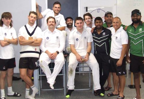 Celebrating a First Eleven outright win and Brayden McGregor's maiden century for Moonee Valley: L-R Mitchell Higgs, Sam Younghusband, Brayden McGregor (front), Luke Brock, Steve Hazelwood, Jack Newman, Tain Piercy, Suraj Weerasinghe, Ruwan Jayaweera, Chand Shrestha and Rusiri Jayasiri.