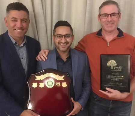 Winners: L-R - Sunil Bhandari and Sunny Sharma with the Thirds premiership shield, and James Smith with his best-in-comp batting award.
