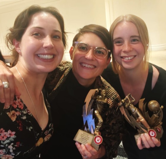 Celebrating the season and the awards: L-R captain Sarah Fenn with Kylie Russo and Fiona Bathie and their comp-wide trophies. Celebrating the season and the awards: L-R captain Sarah Fenn with Kylie Russo and Fiona Bathie and their comp-wide trophies.