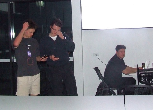 What's going on here? Organisers (L-R) Dejan Gilevski, Tom Janetzki and Jack Newman.
