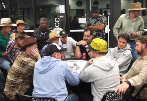 Action around the final table: Clockwise from left: Tain Piercy, Tom Janetzki, Sai Vivekananthan, Luka Anderson, Jordy Walsh, Brendan Rhodes, Ruwan Jayaweera, Jesse Majanek-Smith, Tom Morrissy (standing), Brayden McGregor, Riley Walsh, James Smith, Charles Bibby and Luke Brock.