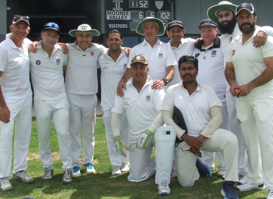 The team which represented Moonee Valley for Jim Polonidis' 350th game: L-'R. Back - Dean Jukic, Chand Shrestha, Sam Carbone, Rhys McDonald, Jim Polonidis, Prashant Hirani, Mark Gauci, Amolak Singh Saini and Eddie Wadera. Front - Sagar Bhatia and Maks Rahman.