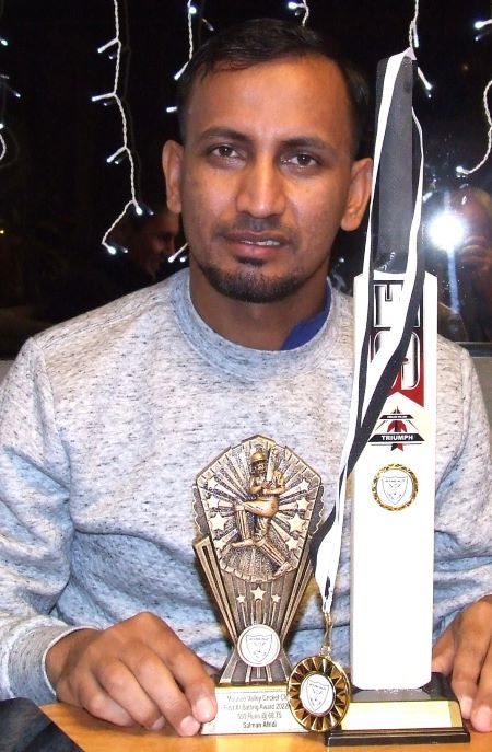 A champion: Salman Afridi with his Club Champion trophy, his MVP award for the Firsts and a mini bat acknowledging his century.