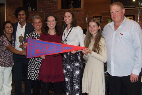 Our Women's team celebrated with a display of their Premiership flag - the threepeat! L-R Sridevi Thoppe, Jane Greenshields, Sandra Verschoor, Sarah Fenn, Tara Newman, Katherine Baker and coach Darren Nagle.