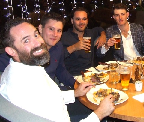 Enjoying the meal at the Moonee Ponds Club - L-R Steve Hazelwood, Jack Newman, Luke Brock and Tain Piercy.