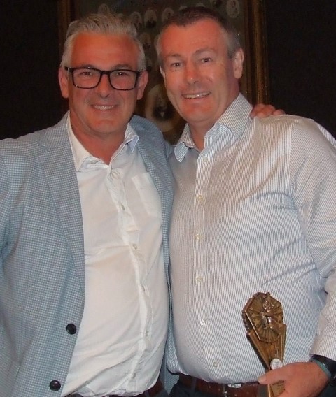 Seconds captain Dom Gibaldi (left) took great pleasure in presenting the batting trophy to Geoff McKeown.