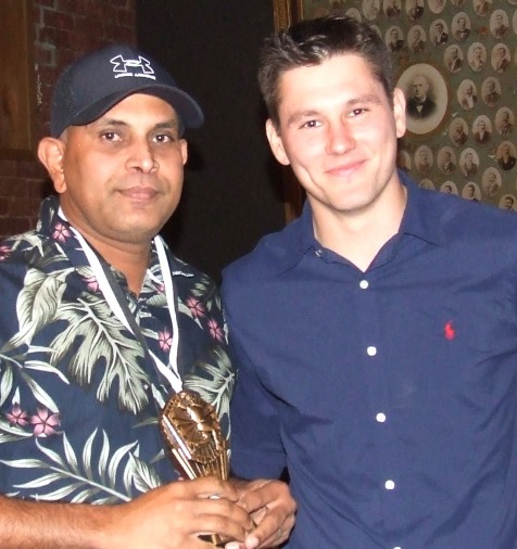 Ruwan Jayaweera was presented with his First Eleven bowling award by captain Jack Newman (right).
