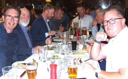 Enjoying the Moonee Ponds Club hospitality: L-R Paul Sevenson, Allan Cumming, Dean Lawson, Jim Polonidis, Geoff McKeown, Dom Gibaldi and James Beilken.