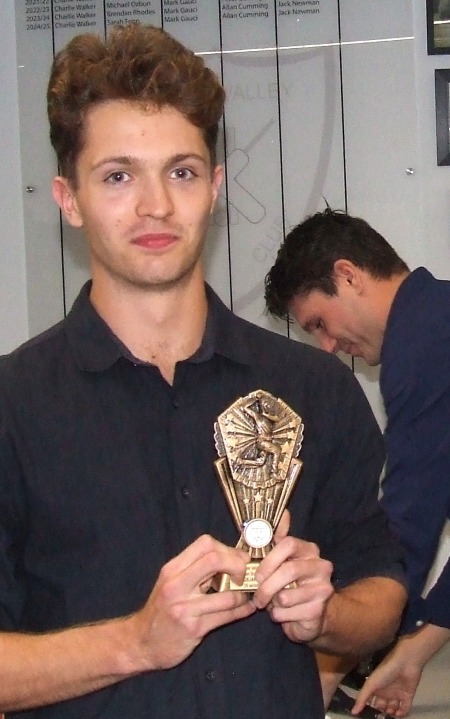 Dejan Gilevski with his First Eleven bowling award - and skipper Jack Newman.
