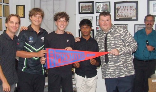 Victorious Under 16 team members at senior presentation: L-R coach Joshua Norsetter, David Lubansky, Jeremy Sevenson, Aksha Perera and coach Andreas Skiotis, with Master of Ceremonies Jonty Rhodes.