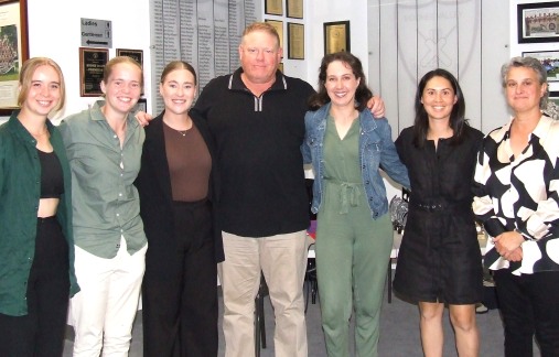 The Premiership-winning Women's team was acknowledged on the night: L-R Fiona Bathie, Sarah Pamment, Mackayla Coote, coach Darren Nagle, Sarah Fenn, Yasmin King and Sandra Verschoor.