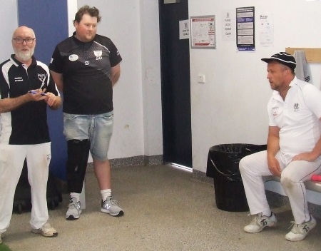In the rooms: Club Treasurer/Life Member Allan Cumming talks about the contribution Shaun (right) has made to our club, with team captain Andreas Skiotis.