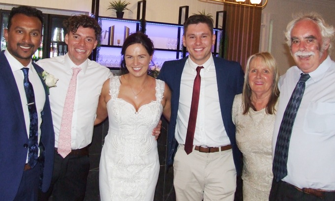 Valley players celebrating the wedding of Shiwantha Kumara and Melissa Johnstone: L-R Shiwantha, Dan Comande, Melissa, Jack Newman and Adele and Charlie Walker.