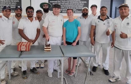 Andreas Skiotis and his partner Elly Kirlis and his celebration cake: Teammates L-R Prashant Hirani, Eddie Wadera, Maks Rahman, Rhys McDonald, Amolak Singh Saini, Sunny Singh, Tom Janetzki, Vinny Singh and captain Sagar Bhatia.