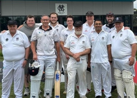 Teammates for Geoff Smith's 100th game. L-R Peter Smith, scorer Andreas Skiotis, James Smith, Lachlan Smith, Tom Janetzki, Allan Cumming, Geoff Smith, Sudarshan Devkota, Michael Ozbun and Mark Gauci.