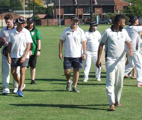 Job's done - the victorious Thirds walking off Ormond Park at the end of the match. L-R: Tom Janetzki, Dean Jukic, Bede Gannon, Geoff McKeown, Sunny Sharma, Manthan Nicholas and Jim Polonidis.