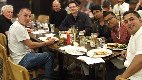 Hearty meals: L-R Ron Pontague, Jim Polonidis, Paul Simon, Tom Janetzki, Vansh Tandon, Maks Rahman and Sagar Bhatia.